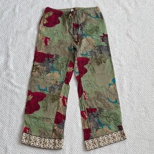 Punjamies Sudara Pants Women's Medium Green Floral Pockets Cropped Pull On
